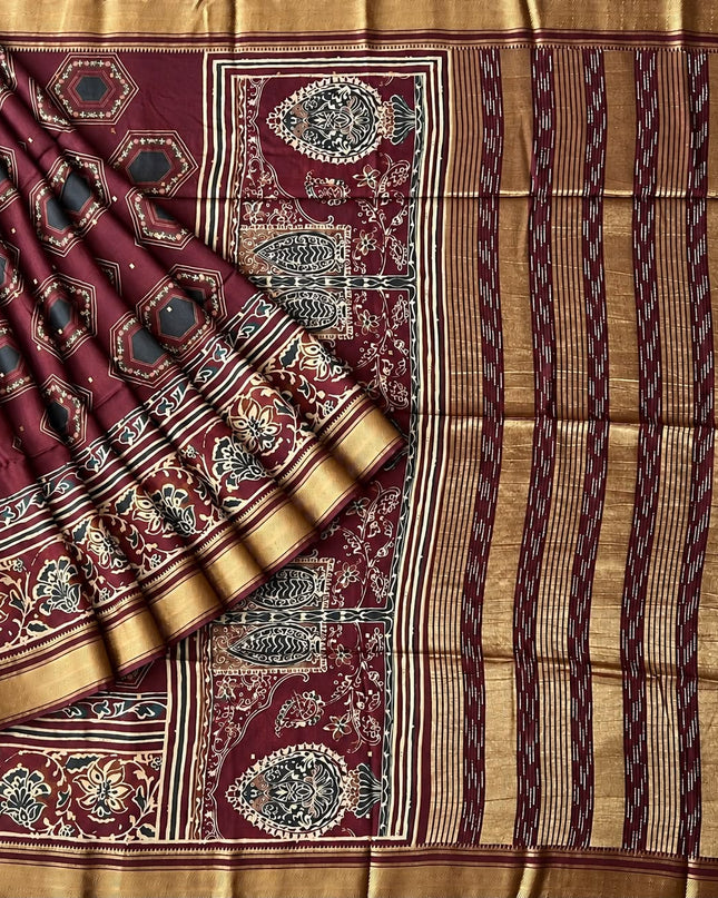 Soft Silk Saree with  Geometrical Print and Kalamkari Border - Maroon