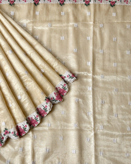 Linen Tissue Saree with square boxes Butties and Cross stich Scallop Border -  Mustard