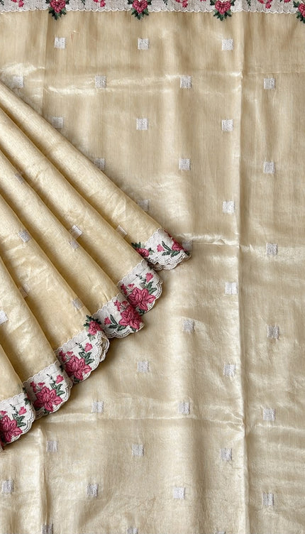 Linen Tissue Saree with square boxes Butties and Cross stich Scallop Border -  Mustard