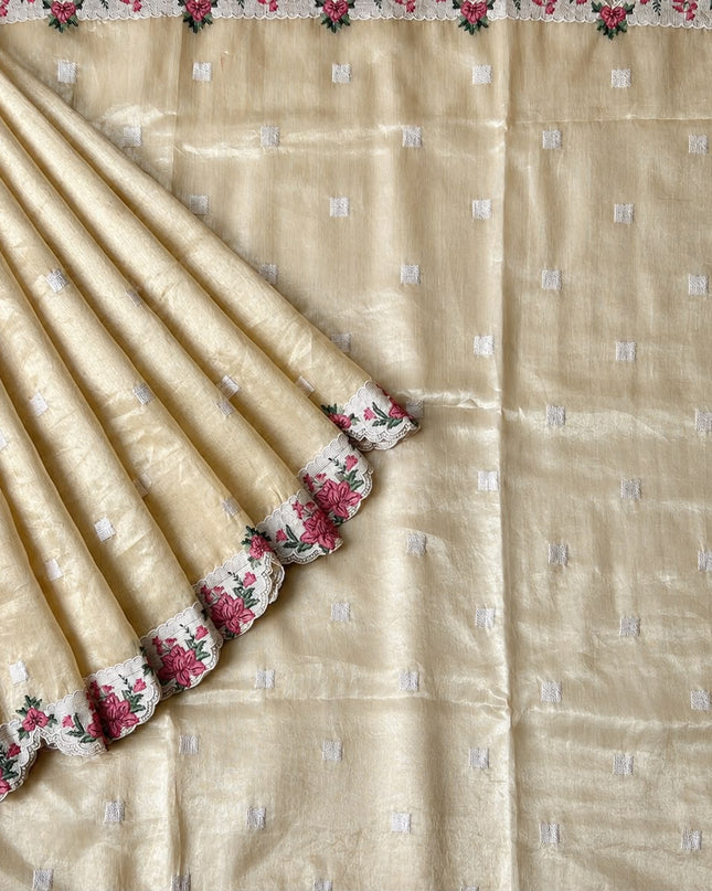 Linen Tissue Saree with square boxes Butties and Cross stich Scallop Border -  Mustard
