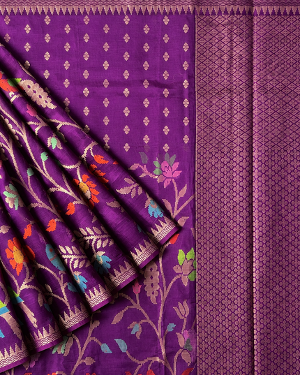 Chanderi  Silk Saree with All over Jamdani weaving style and golden Zari border - Violet