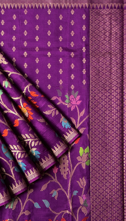 Chanderi  Silk Saree with All over Jamdani weaving style and golden Zari border - Violet