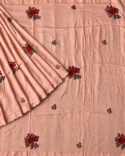 Italian Silk Saree With Kantha Work and French knot Work and Scallop Border- Peach