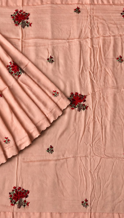 Italian Silk Saree With Kantha Work and French knot Work and Scallop Border- Peach