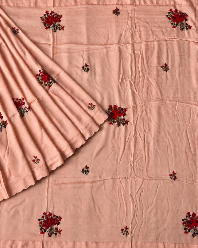 Italian Silk Saree With Kantha Work and French knot Work and Scallop Border- Peach