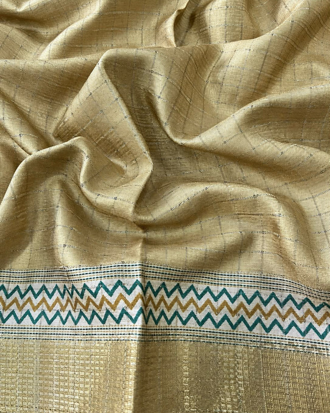 Tusser Saree with Floral and Golden Checks Design and Golden  Border - Light Mustard