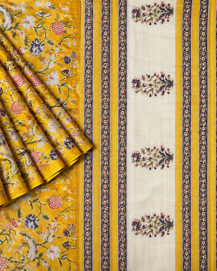 Chiffon Saree With Hand block Print - Mustard