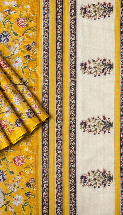 Chiffon Saree With Hand block Print - Mustard