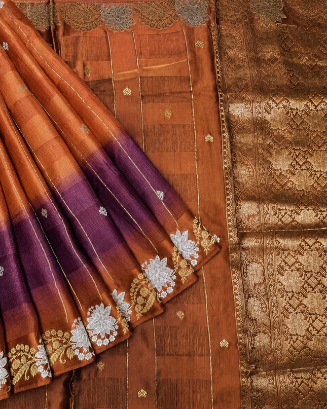 Manipuri kota  Gold and silver  Zari weaving Buttis  with Checks Design and Satin Border -Light Orange