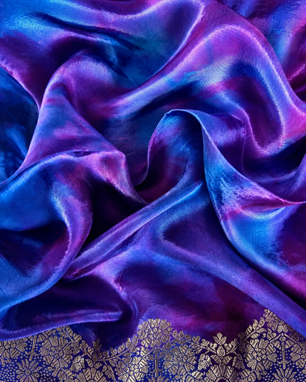 Banaras Crepe Saree With Shibori and Meenakari Weaving Golden Zari Border - Royal Blue