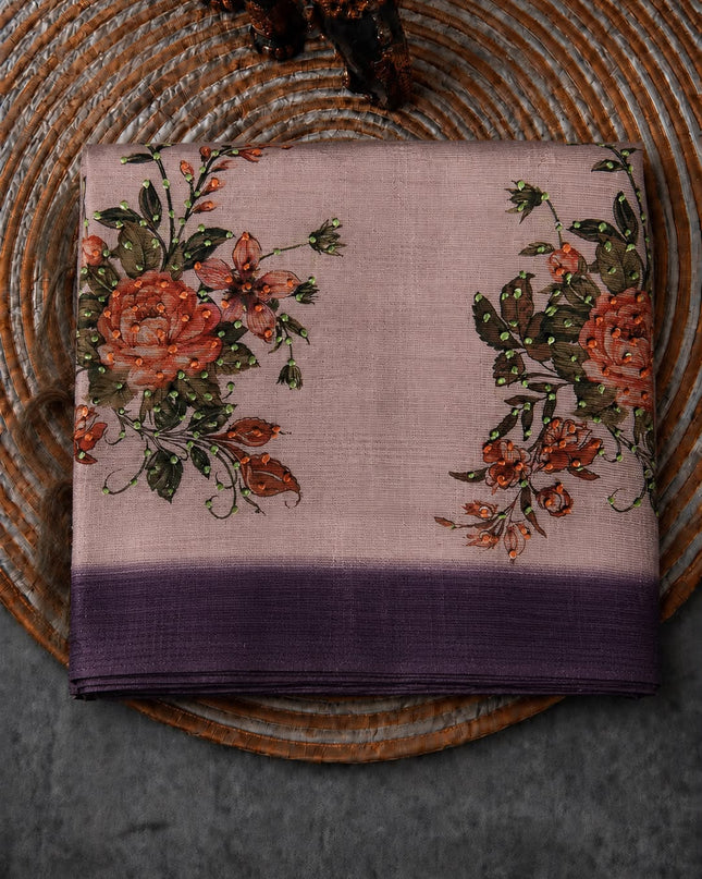 Kota Silk Saree with French Knot Work and Contrast Border  -Light Lavender
