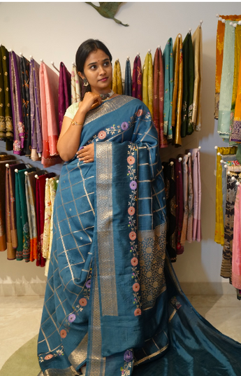 chiniya silk saree with zari checks,meenakari work &zari border-blue