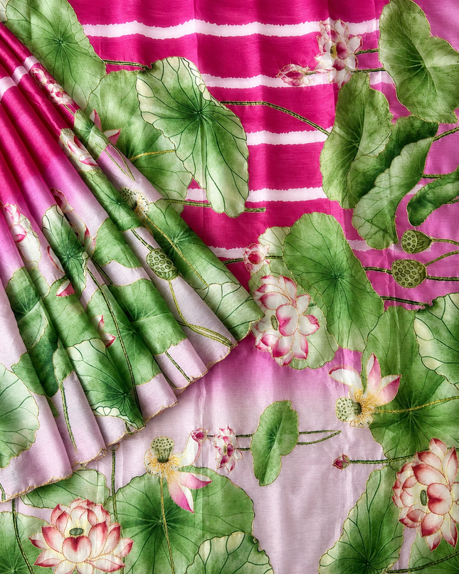 Soft Crush Floral Print With Ari Work and Scallop Border - Pink