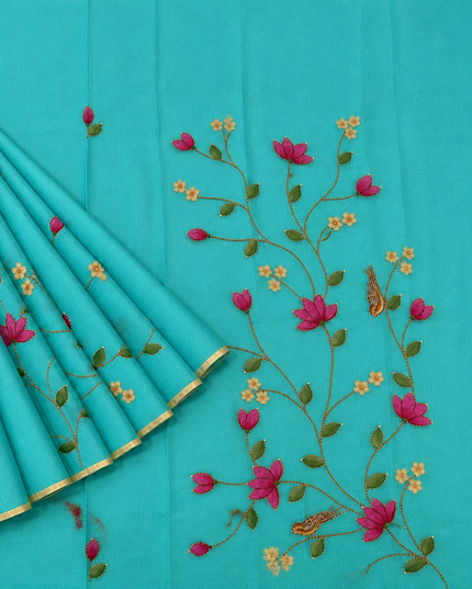 Kota Silk Saree with All over Thread Weaving Flower Butties and Golden Border - Rama Green