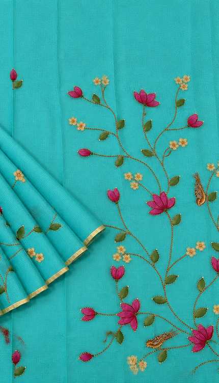 Kota Silk Saree with All over Thread Weaving Flower Butties and Golden Border - Rama Green