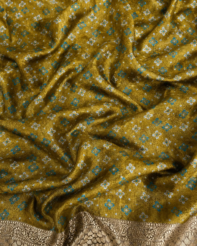Tusser Silk Saree With Bhandni Print and Golden Border -  Musatard
