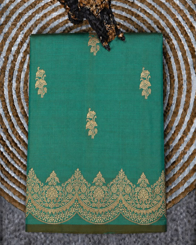 Kathan Silk Saree With All over Golden Buttes and Golden Zari Weaving  Scallop Border - Green