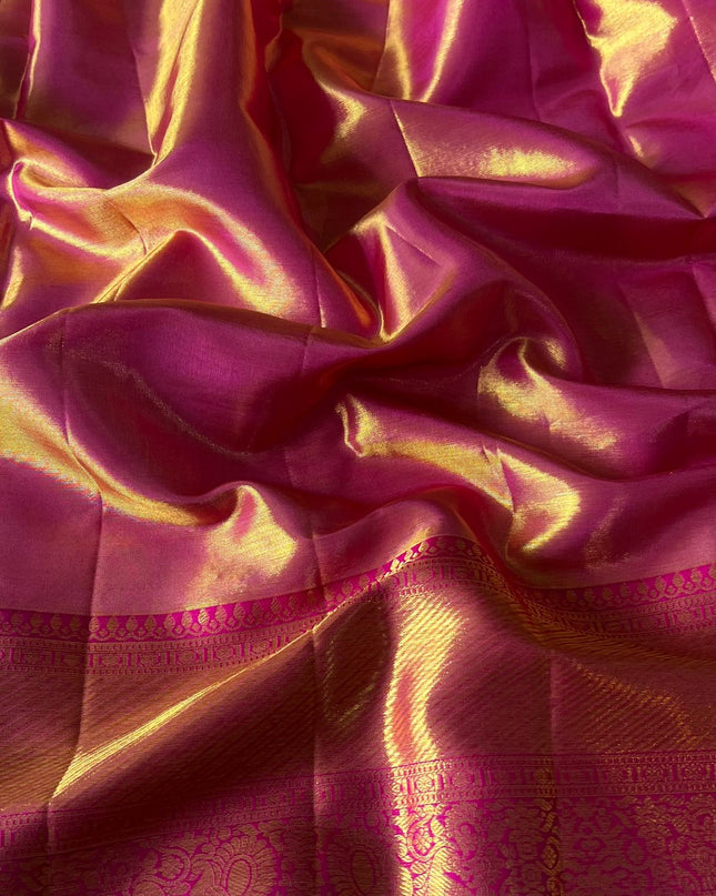 Pure kanchi Tissue saree Floral Weaving and Gold Kaddi Border - Pink