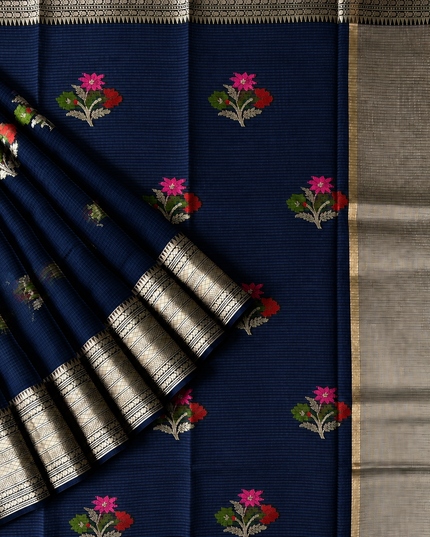 Kota Silk Saree with All over Thread Weaving Flower Butties and Golden Border - Navy