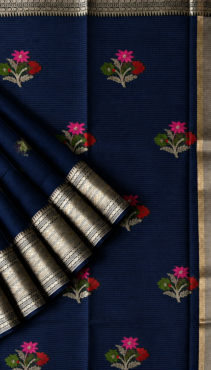 Kota Silk Saree with All over Thread Weaving Flower Butties and Golden Border - Navy
