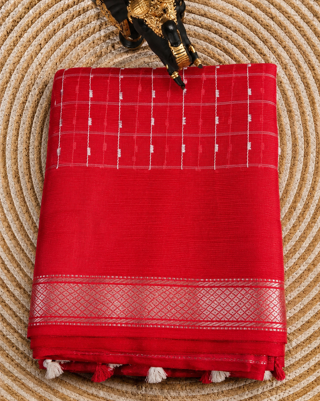 Mangaligiri Silk  Saree with  Thread  Weaving Checks Design and Golden Zari Temple  Border - Orange