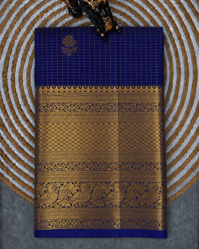 Pure Pattu Saree With Golden Check Weaving and Flower Buttes and Kaddi Border - Royal Blue