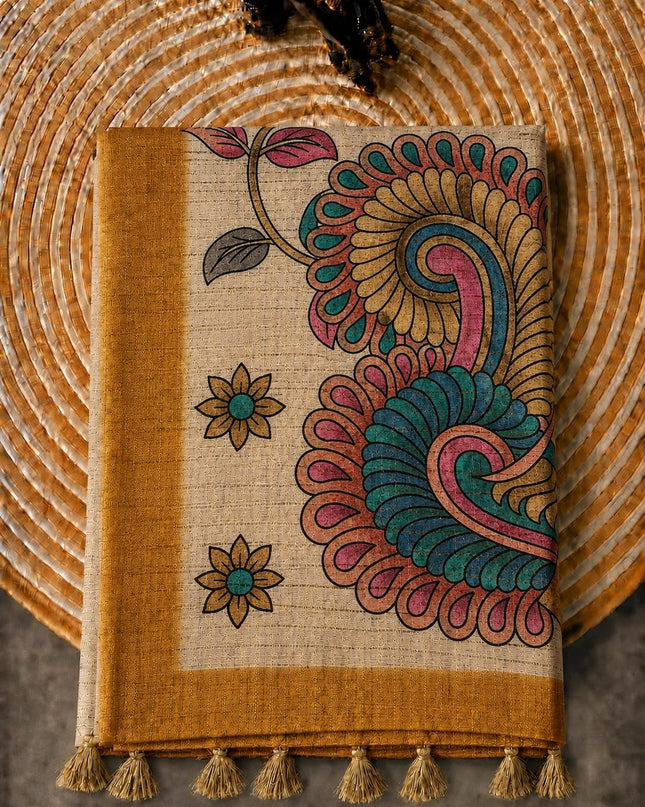 Tusser Silk Saree With All over Golden Checks Design and Kalamkari Pallu - Mustard