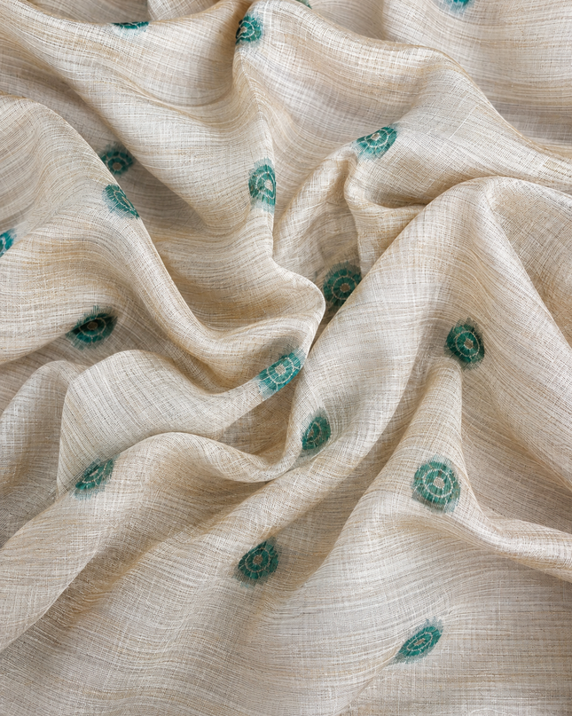 Linen Saree with Floral Print French Knot Work and Kantha Work - Beige &  Green