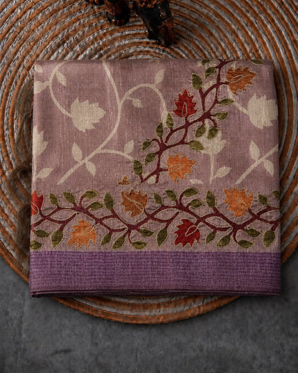 Tusser Silk Saree With Ari work and Floral Print and Contrast  Border - Onion Pink