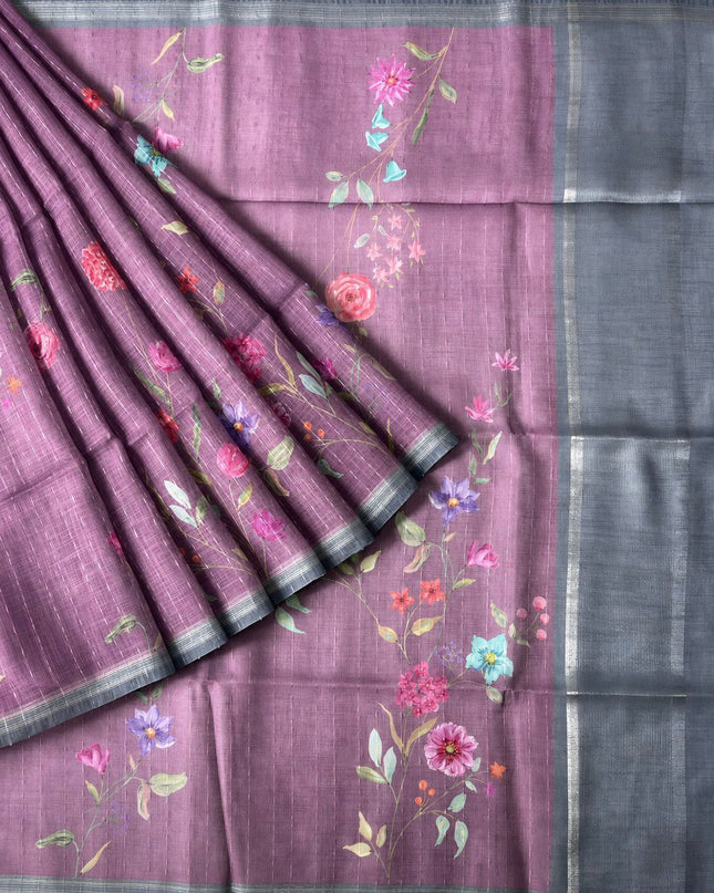 Lenen Silk Floral Pallu with Silver Zari Border  - Onion Pink