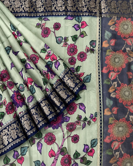 Chanderi Saree with  Floral Print Contrast Border - Green & Violet