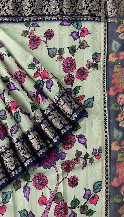 Chanderi Saree with  Floral Print Contrast Border - Green & Violet