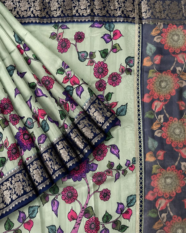 Chanderi Saree with  Floral Print Contrast Border - Green & Navy
