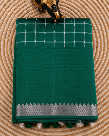 Mangaligiri Silk  Saree with  Thread  Weaving Checks Design and Golden Zari Temple  Border - Bottle Green