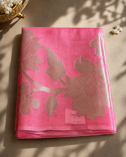 Kora Organza Saree with Jamdani Weaving and Self Border  - Baby Pink