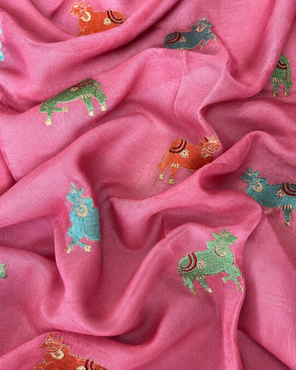 Linen Tissue Saree with Multi Stripes and Pichwai Border - Onion Pink