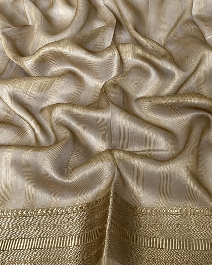 Jute Tissue Silk Saree With Floral Print and Contrast Border-  Beige