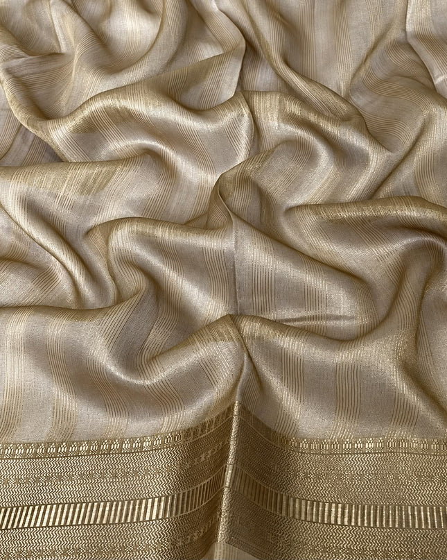 Jute Tissue Silk Saree With Floral Print and Contrast Border-  Beige