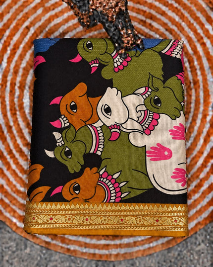 Pure Silk Kota Saree With pichwai Print and Small Kanchi Border -  Mustard