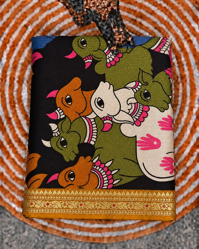 Pure Silk Kota Saree With pichwai Print and Small Kanchi Border -  Mustard