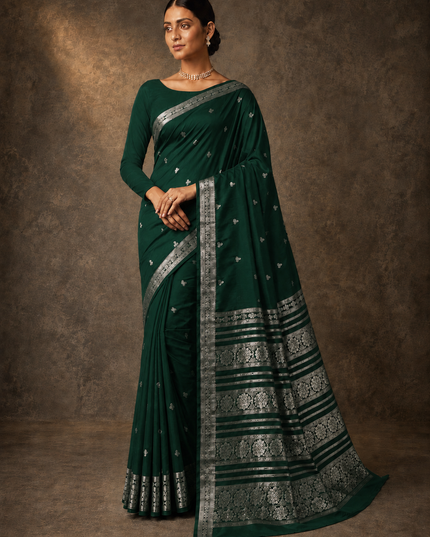 mysore silk sarees with golden zari Elephant design  Border - Bottle Green