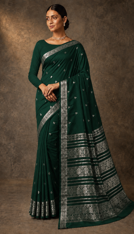 mysore silk sarees with golden zari Elephant design  Border - Bottle Green