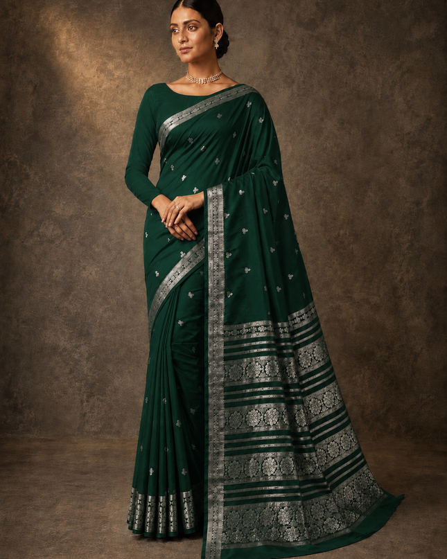 mysore silk sarees with golden zari Elephant design  Border - Bottle Green