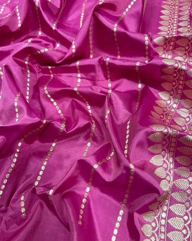 Kathan Silk Saree With All over Gold Zari Buttes and Golden Zari Weaving Border - Pink