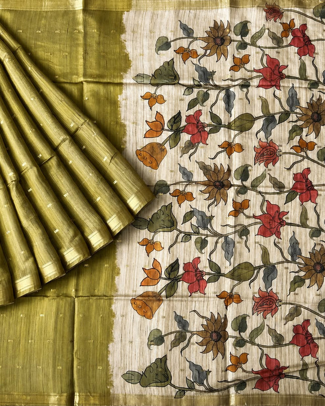 Tusser Saree With Floral Print  and small gold Buttes with and Golden Border  -   Mehandi Green