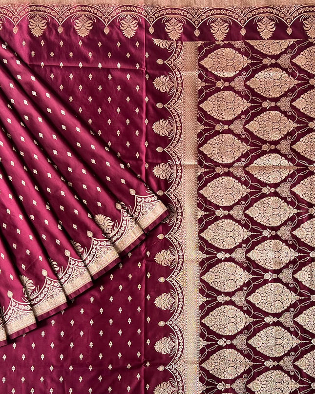 Mashru Banaras saree with All over Gold Zari Weaving Buttes and Zari Scallop Border -   Maroon