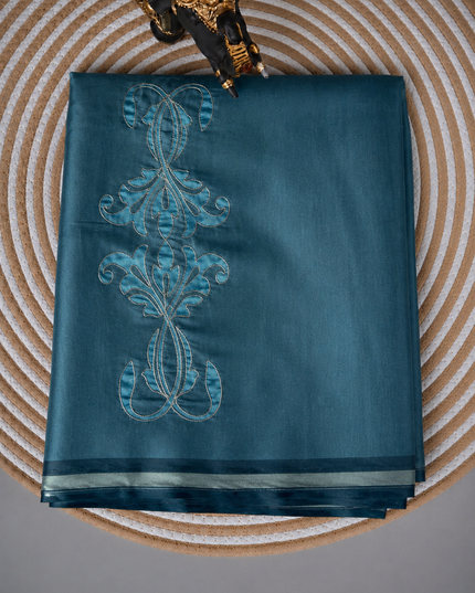 Tusser Silk Saree with Ari work and Contrast Border  -Peacock Blue