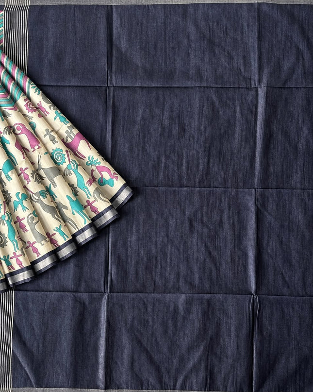 Semi Tusser Saree with Zig Zag Print and Warly Print and contrast Border -  Navy
