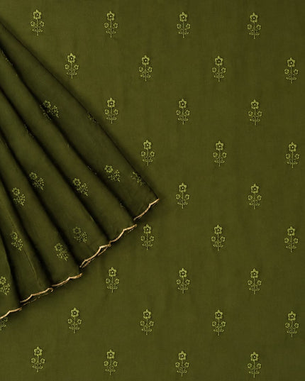 Georgette Saree with Thread Embroidery Flower Design  Kardhana Work Scallop Border - Olive Green