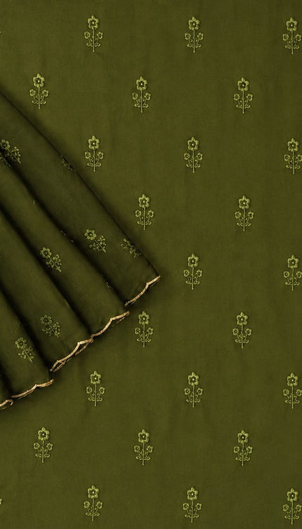 Georgette Saree with Thread Embroidery Flower Design  Kardhana Work Scallop Border - Olive Green
